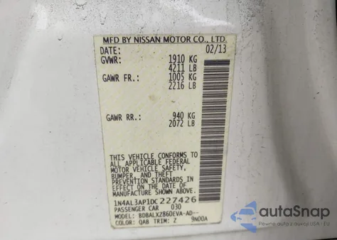 2013 Nissan Altima 2.5 Sl из США, поврежденный, VIN 1N4AL3AP1DC227426